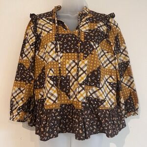 Patchwork Blouse Sz M Calico Floral Prairie Boho Cottage Hippie Peplum Ruffle